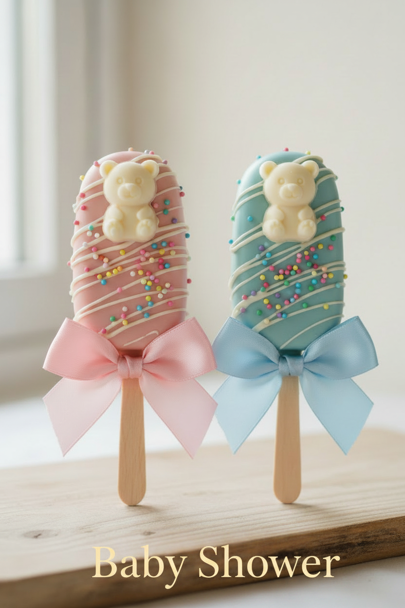 Two decorated baby shower treats on wooden sticks, one pink with a pink bow and one blue with a light blue bow, both topped with white bear figurines and colorful sprinkles, set on a wooden surface with 'Baby Shower' text overlay.