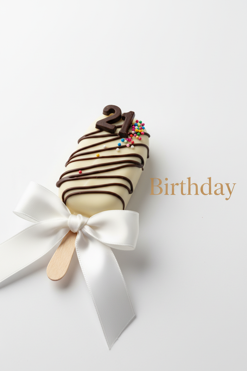 A chocolate-dipped cakesicle with white chocolate drizzle, a dark chocolate '21' topper, colorful sprinkles, and a white ribbon bow on a wooden stick, photographed on a clean white background with the word 'Birthday' printed in tan text.