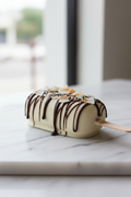 A chocolate-dipped cakesicle with white chocolate coating, drizzled with dark chocolate, topped with sliced coconut and sesame seeds, on a wooden stick over a white marble surface.