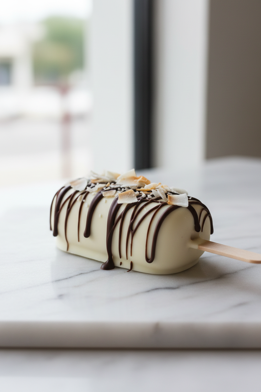 A chocolate-dipped cakesicle with white chocolate coating, drizzled with dark chocolate, topped with sliced coconut and sesame seeds, on a wooden stick over a white marble surface.