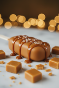 A chocolate-covered caramel cakesicle with drizzles and coarse salt flakes, styled on a marble surface with scattered caramel cubes and soft golden bokeh lights in the background.