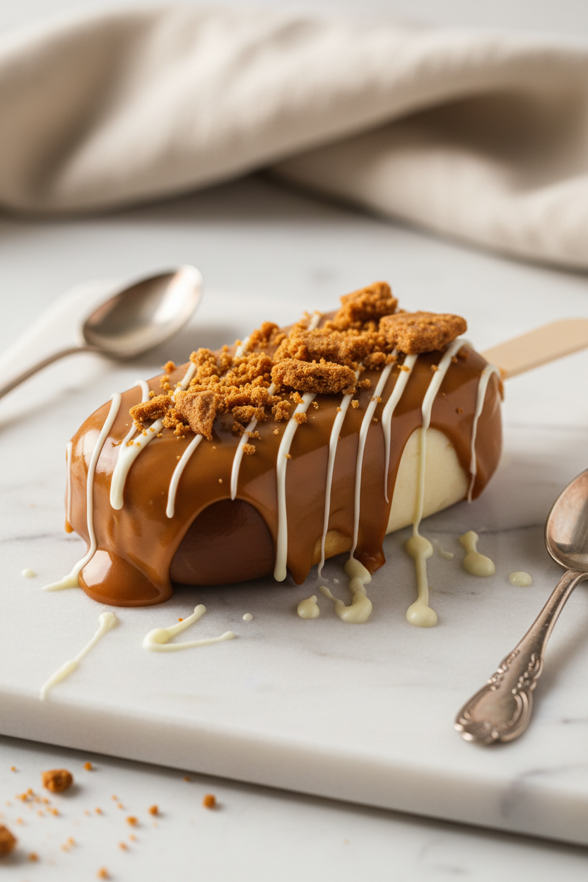 A chocolate-covered biscoff cakesicle on a white marble board, topped with white drizzle, cookie crumbs, and a biscuit cracker, with silver spoons and a beige cloth in the background.