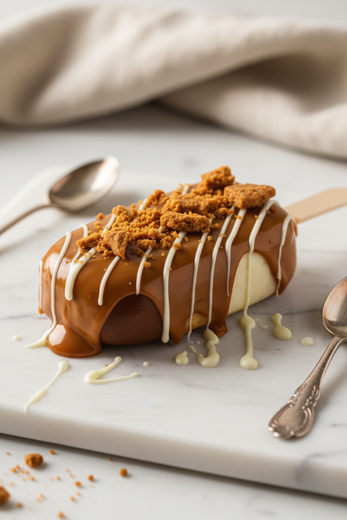 A chocolate-covered biscoff cakesicle on a white marble board, topped with white drizzle, cookie crumbs, and a biscuit cracker, with silver spoons and a beige cloth in the background.