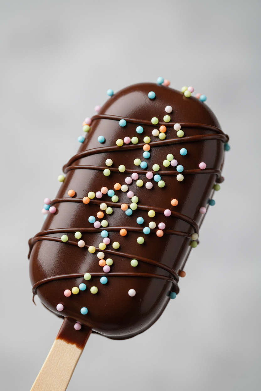 A chocolate-covered cakesicle on a wooden stick, decorated with drizzles of chocolate and colorful round sprinkles, photographed against a soft light gray background.