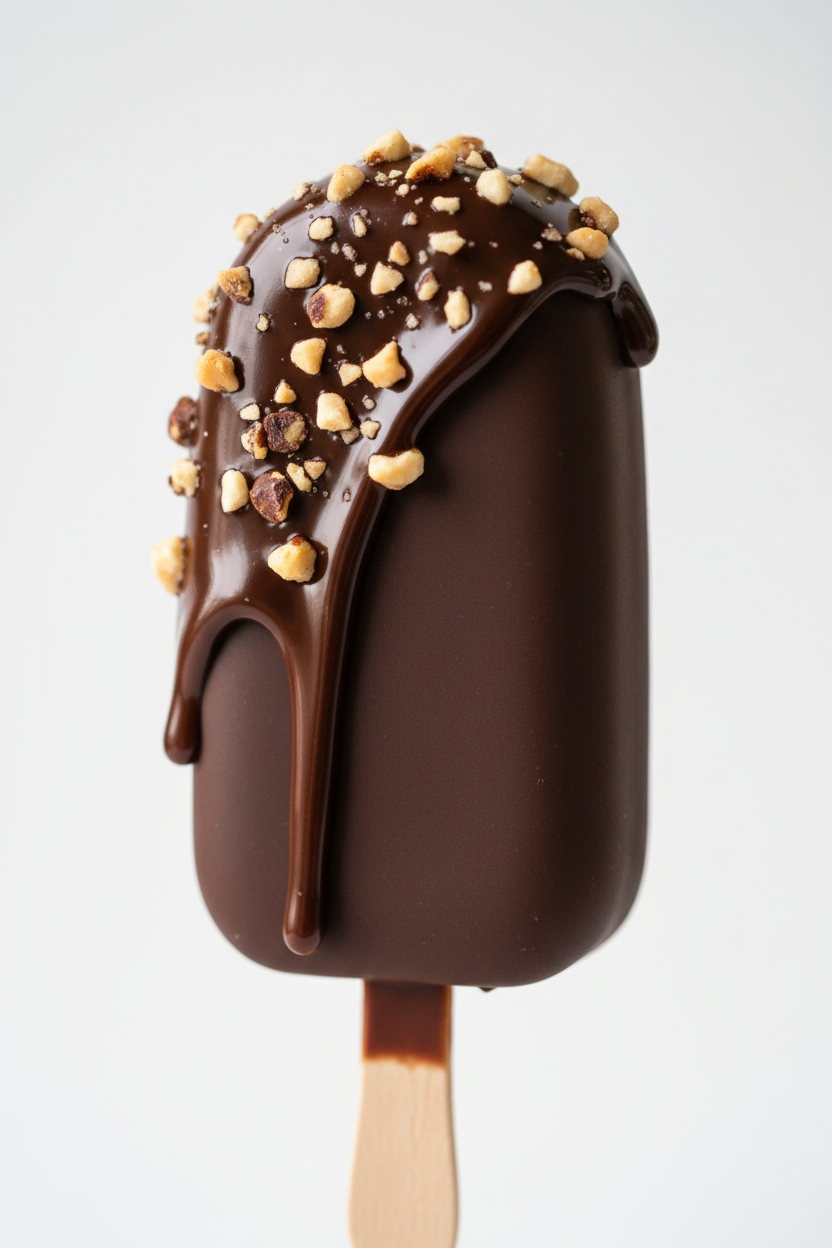 A chocolate-covered cakesicle on a wooden stick, topped with glossy chocolate drizzle and chopped nuts, photographed against a clean light gray background.