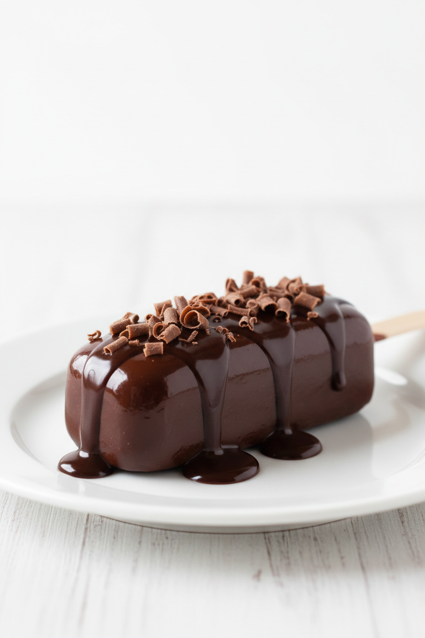 A chocolate-covered cakesicle on a white plate, drizzled with glossy chocolate and topped with chocolate shavings, set on a light wooden surface.