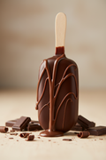 A chocolate-covered cakesicle with a wooden stick, decorated with swirls of melted chocolate, standing on a light surface with scattered chocolate pieces around it.