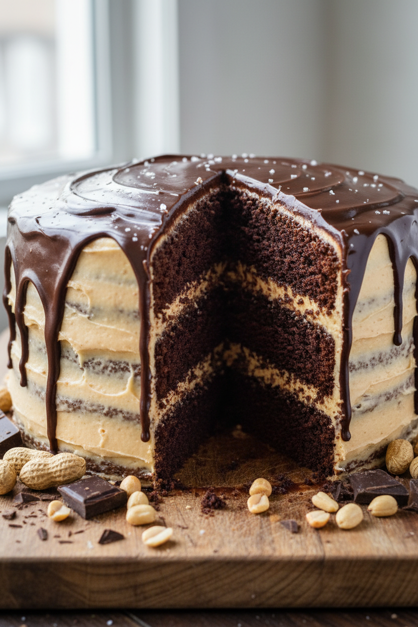 A close-up of a layered chocolate cake with a slice removed, showing dark chocolate sponge and light cream frosting. The cake is topped with glossy chocolate drip and sprinkles, and peanuts, chocolate pieces, and crumbs are scattered around it on a wooden board.