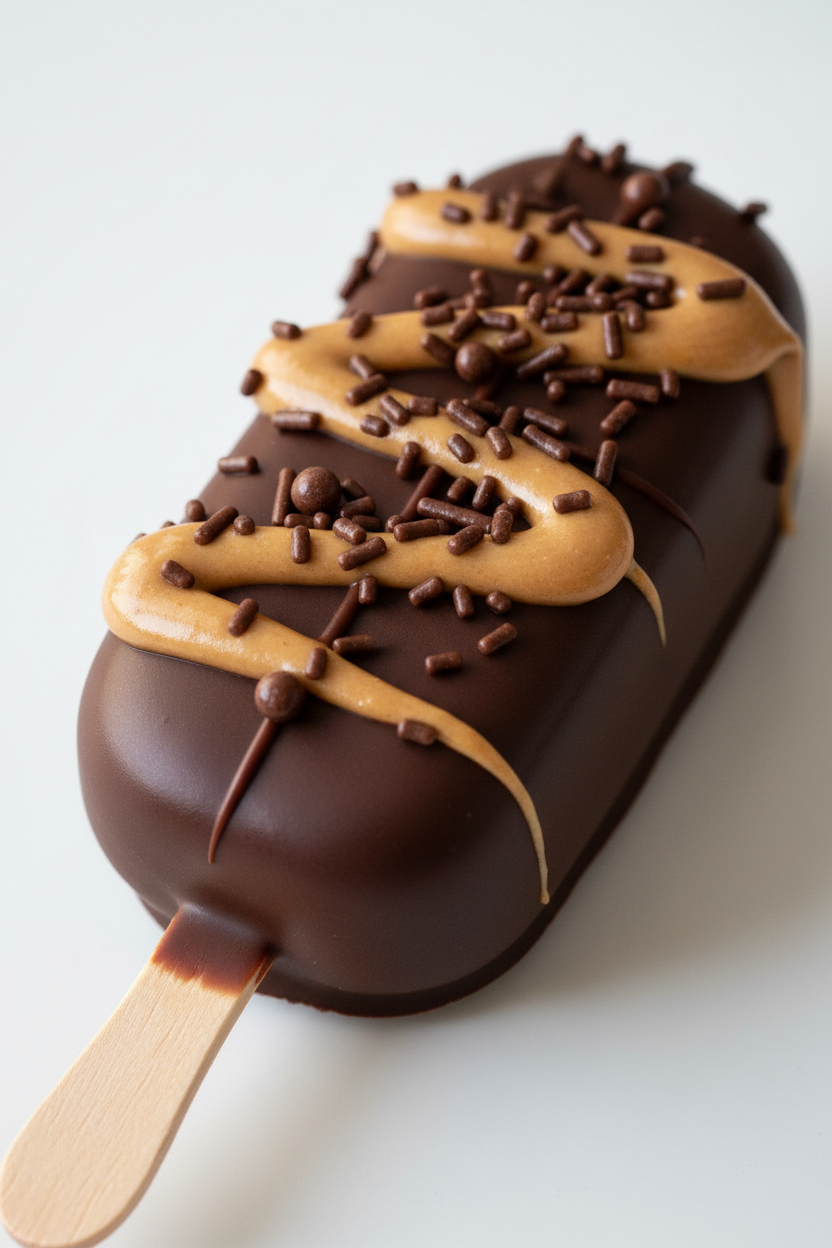 A chocolate-covered cakesicle with peanut butter drizzle and sprinkles on a wooden stick, photographed on a clean white background.