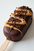 A chocolate-covered cakesicle with peanut butter drizzle and sprinkles on a wooden stick, photographed on a clean white background.