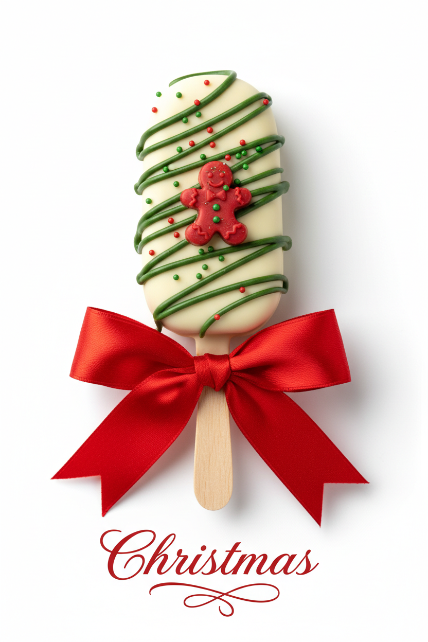 A decorated holiday cakesicle with white chocolate coating, green drizzle, red sprinkles, and a red gingerbread cookie on top, tied with a large red bow. The word 'Christmas' is written in red script below on a white background.