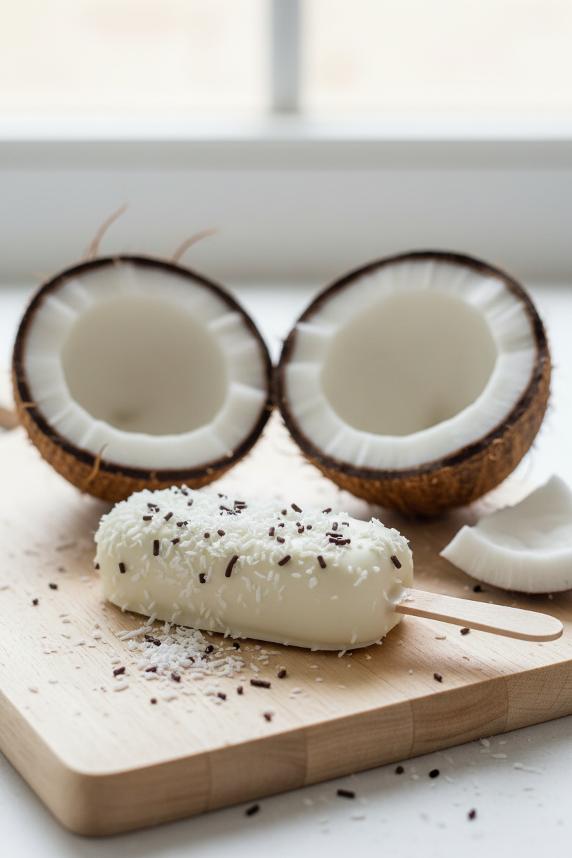 A coconut-coated cakesicle with shredded coconut and dark chocolate sprinkles sits on a wooden cutting board, with two halved coconuts in the background near a bright window.