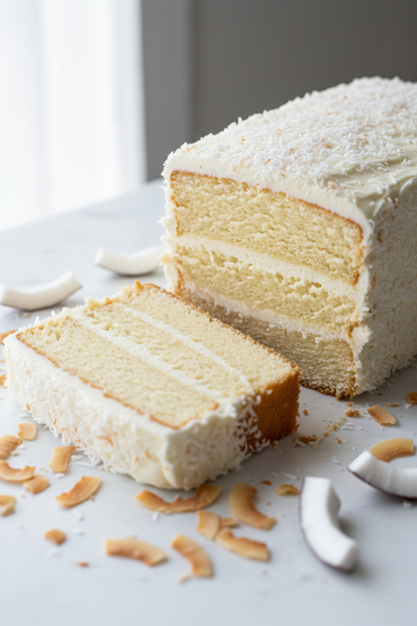 A sliced loaf cake with creamy white frosting and shredded coconut, shown on a light surface with coconut pieces scattered around.