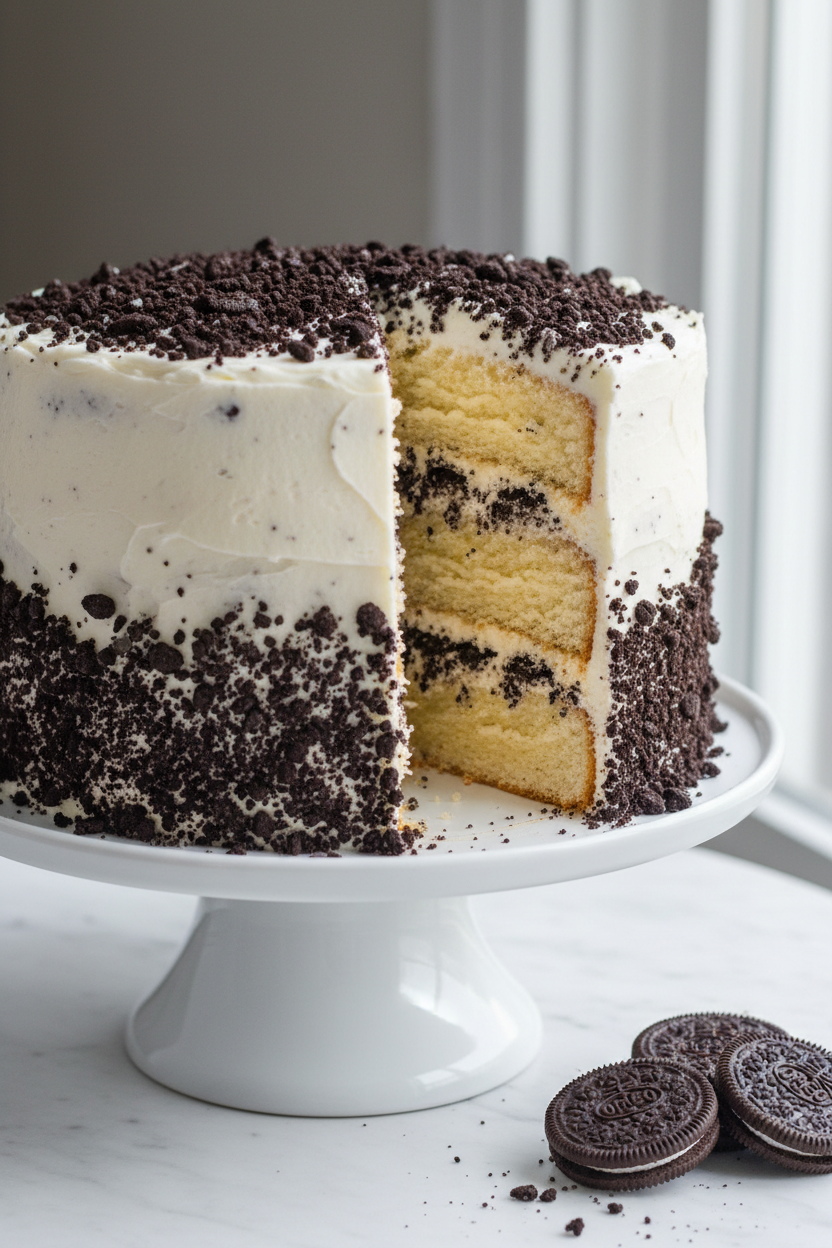 A three-layer cake with white frosting and dark cookie crumbles on top and sides, shown on a white cake stand with three Oreo cookies on a light marble surface.