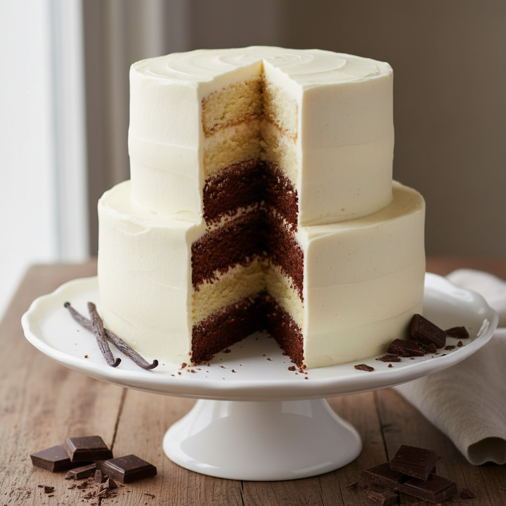 A two-tier frosted cake with a slice removed to show the layered interior, sitting on a white cake stand on a wooden table with chocolate pieces and vanilla beans around it.