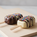 Two chocolate-covered cakesicles on wooden sticks, one dipped in dark chocolate and one in white chocolate, both topped with colorful sprinkles, resting on a light wooden board.
