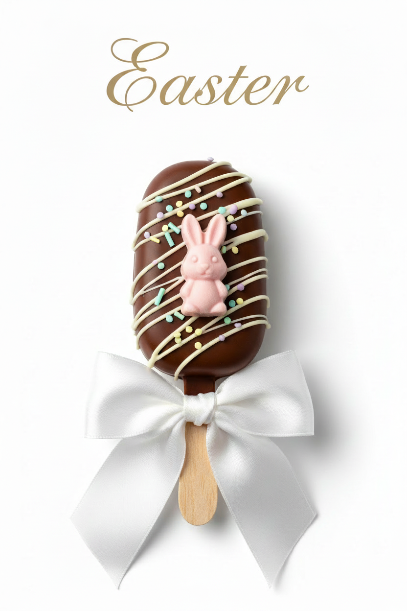 A chocolate-covered cakesicle bar decorated with white drizzle, pastel sprinkles, and a small pink bunny figure, tied with a white ribbon bow on a wooden stick. The words 'Easter' above the cakesicle