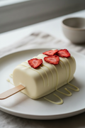 A white chocolate-covered cakesicle with drizzled white chocolate and four dried strawberry slices on top, served on a white plate.