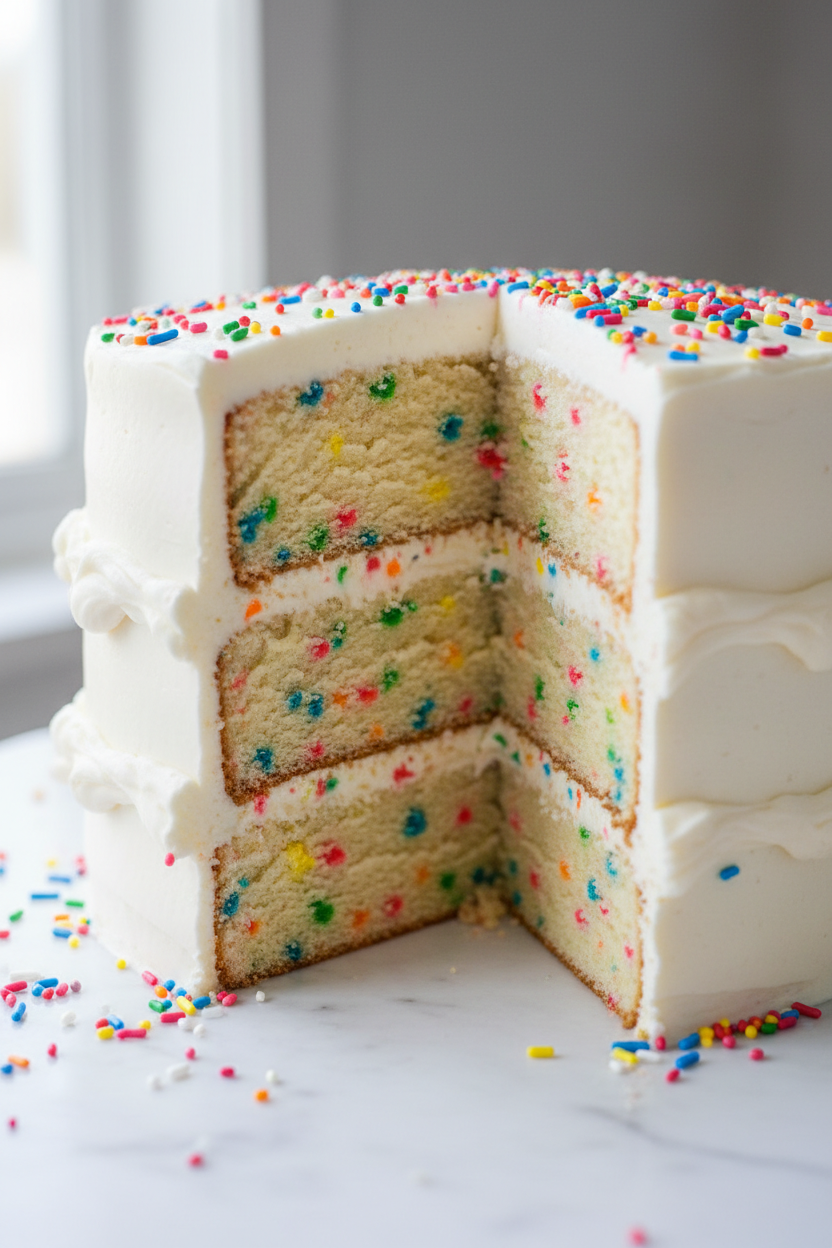 A three-layer birthday cake with white frosting and colorful sprinkles, shown with a slice cut out to reveal the layers, on a white marble surface.