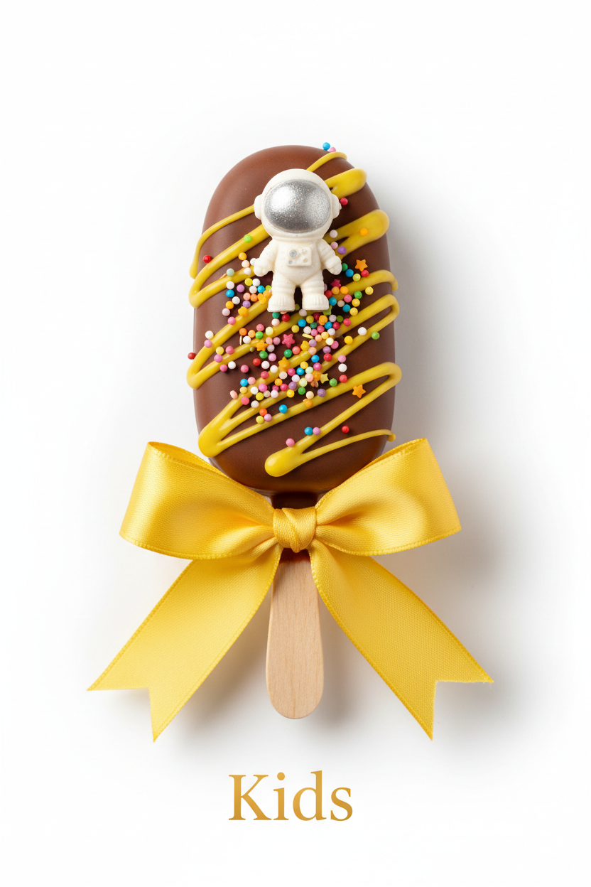 A chocolate-covered cakesicle decorated with yellow drizzle, rainbow sprinkles, a small astronaut figure, and a large yellow ribbon bow on a wooden stick, shown on a white background with the word 'Kids' below.