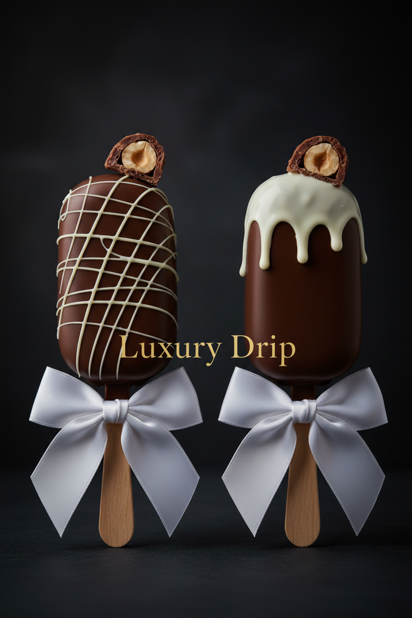 Two chocolate-covered cakesicles on wooden sticks, decorated with white drizzle, white chocolate lattice, and white ribbon bows, set against a dark background with the text 'Luxury Drip' overlaid in the center.
