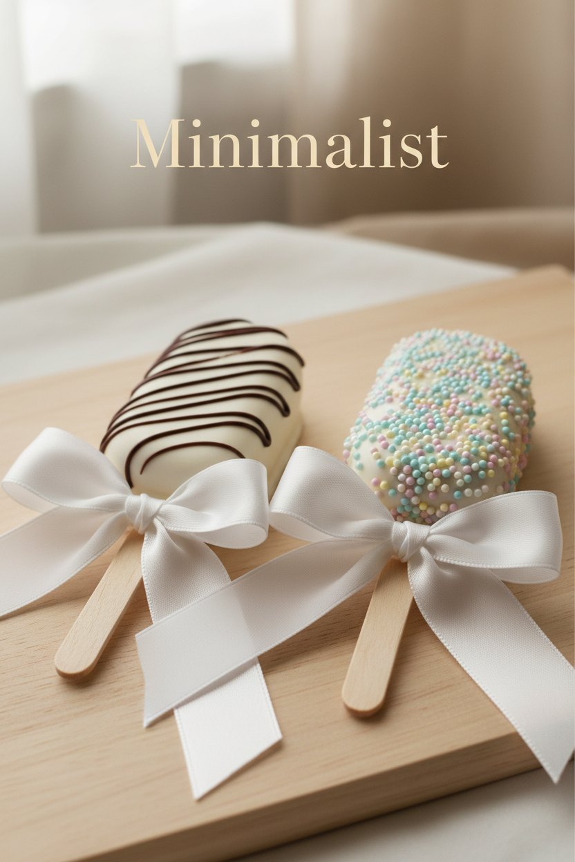 Two decorated cakesicles on wooden sticks, tied with white satin bows, arranged on a light wood board with the word 'Minimalist' above them.