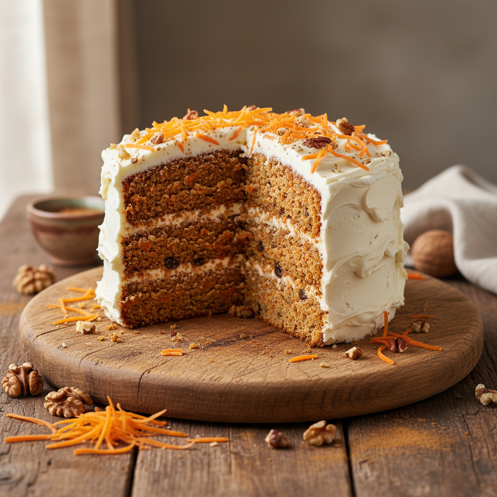 A layered carrot cake with white frosting and shredded orange zest, shown with a slice cut out on a round wooden board. Walnuts, loose carrot shreds, and a small bowl are arranged on a rustic wooden table.