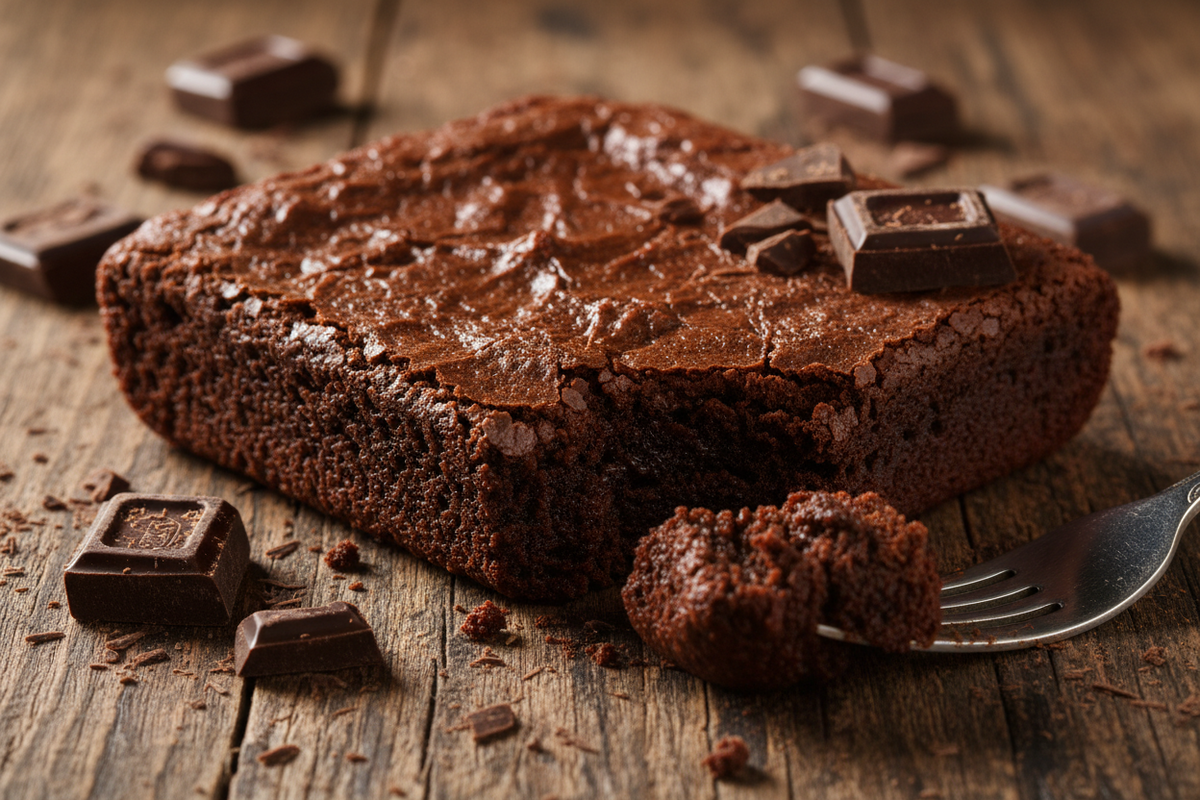A rich, glossy chocolate brownie sits on a rustic wooden table, surrounded by broken chocolate pieces and a fork holding a bite.