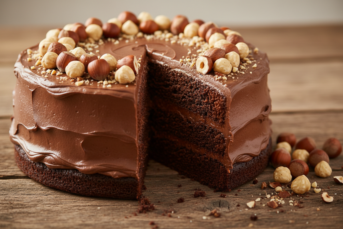 A rich chocolate cake with smooth chocolate frosting, sliced to show the two-layered cake interior, topped with hazelnuts and crumbs, set on a rustic wooden surface.