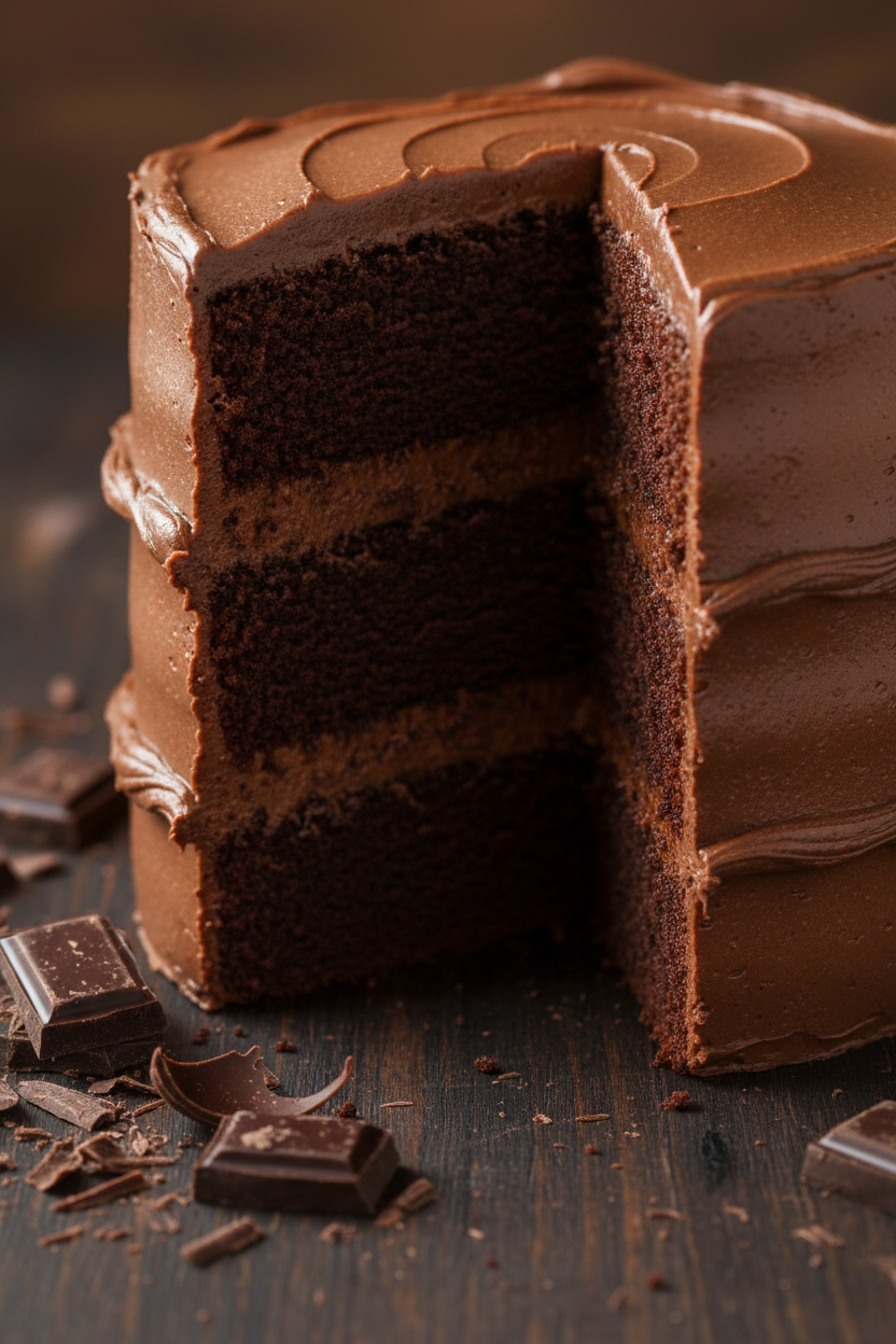 A close-up of a chocolate cake with a slice removed, showing three layers of dark chocolate sponge and chocolate frosting, set on a dark wooden surface with chocolate chunks scattered around.