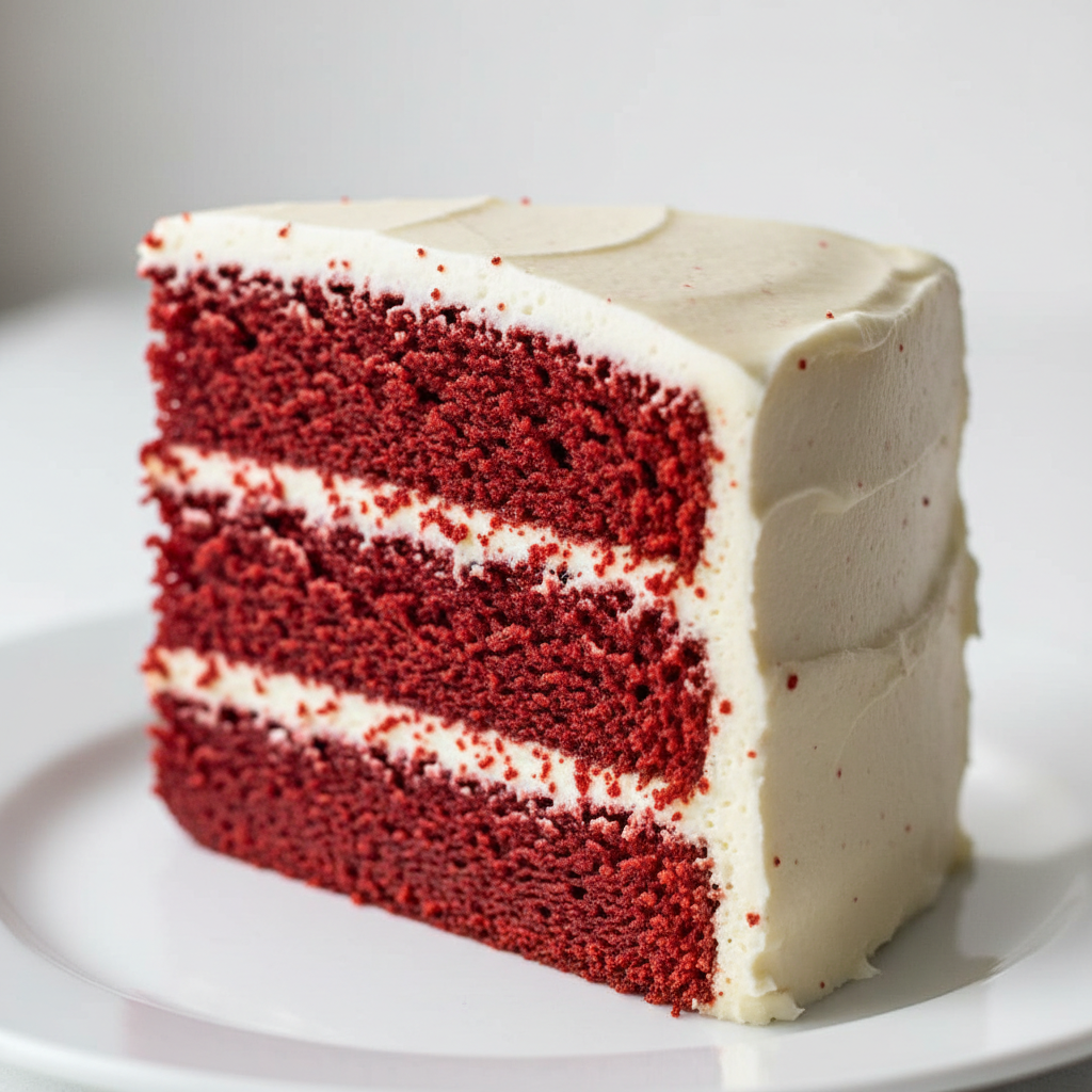 A close-up of a slice of red velvet cake with white frosting on a white plate, set against a clean, light gray background.
