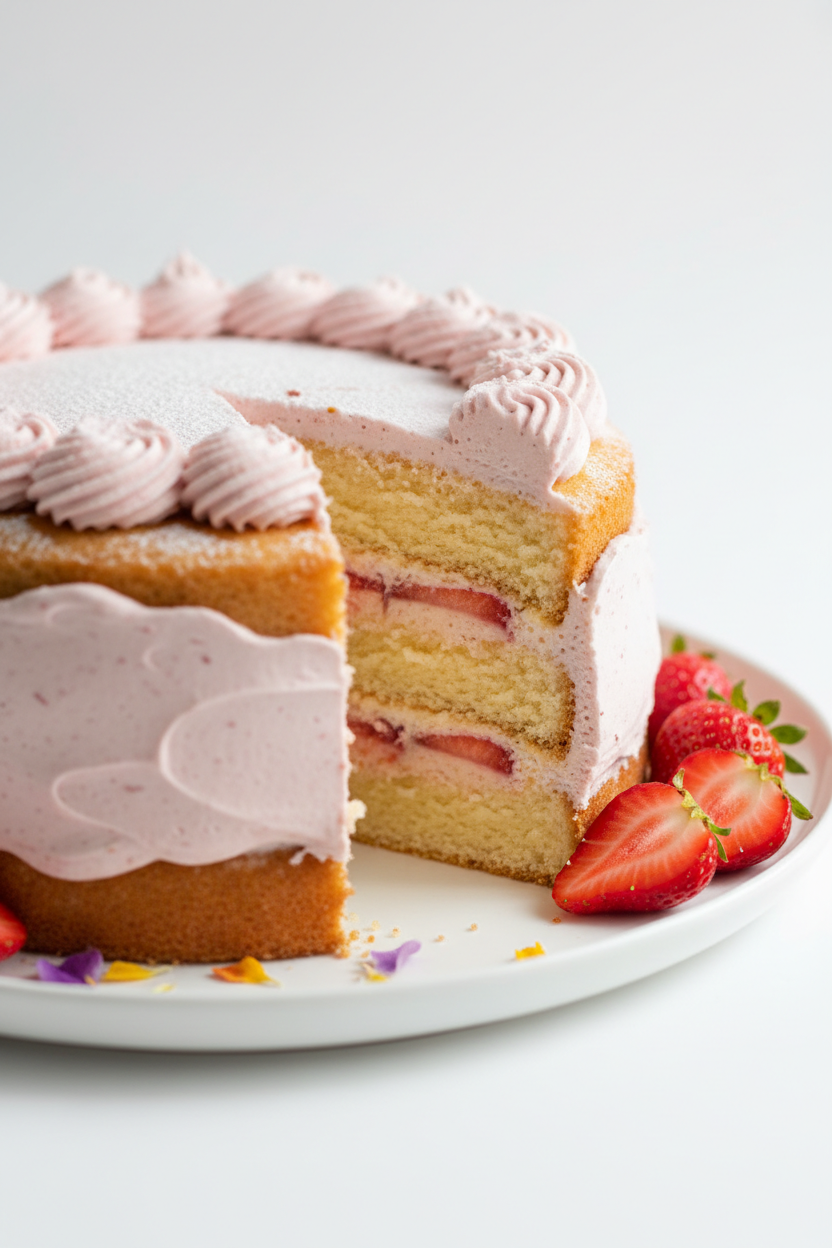 A layered sponge cake with pink strawberry cream filling, decorated with piped pink frosting and served on a white plate with fresh strawberries, against a clean white background.