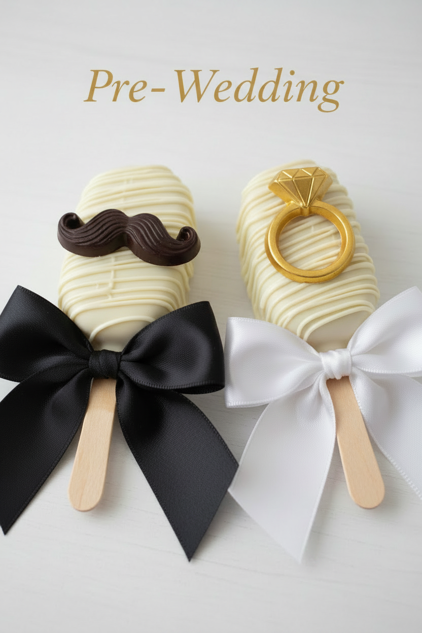 Two novelty cakesicle-style treats on wooden sticks, decorated for a pre-wedding theme. One is cream-colored with a dark brown mustache decoration and a black ribbon bow.