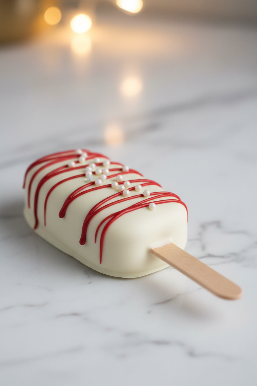 A white chocolate-covered cakesicle with red drizzle and small white pearl sprinkles, resting on a white marble surface with soft warm lights in the background.