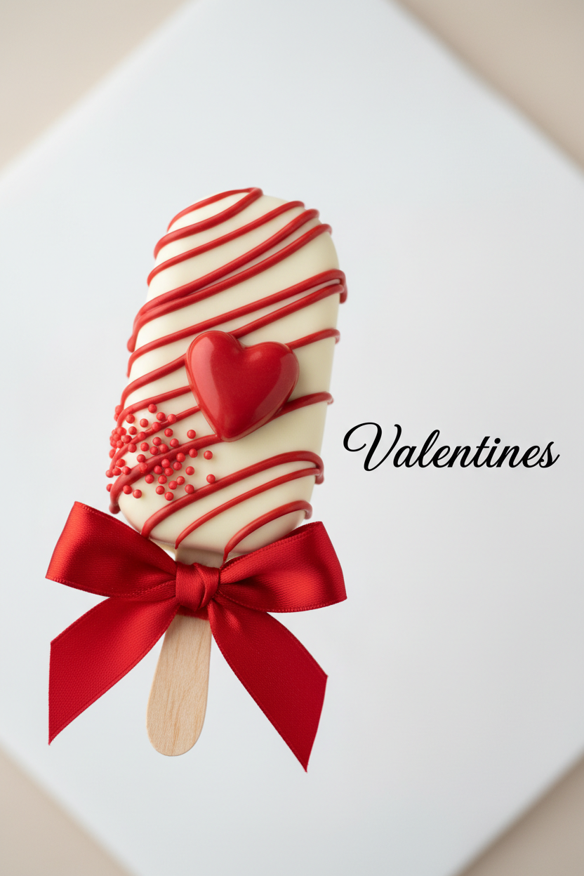 A decorated white chocolate cakesicle with red drizzle, a red heart, red sprinkles, and a red ribbon bow on a wooden stick, shown on a white background with the word 'Valentines' beside it.