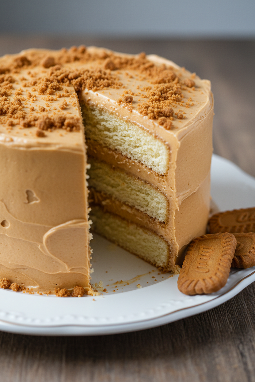 A layered cake with light cream sponge layers, caramel-like frosting, and crumbled cookie topping, served on a white plate with cookies beside it on a wooden surface.