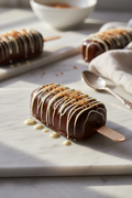 A chocolate-covered cakesicle with white drizzle and crumb topping sits on a white marble board, with two more similar pops and a spoon in the softly blurred background.