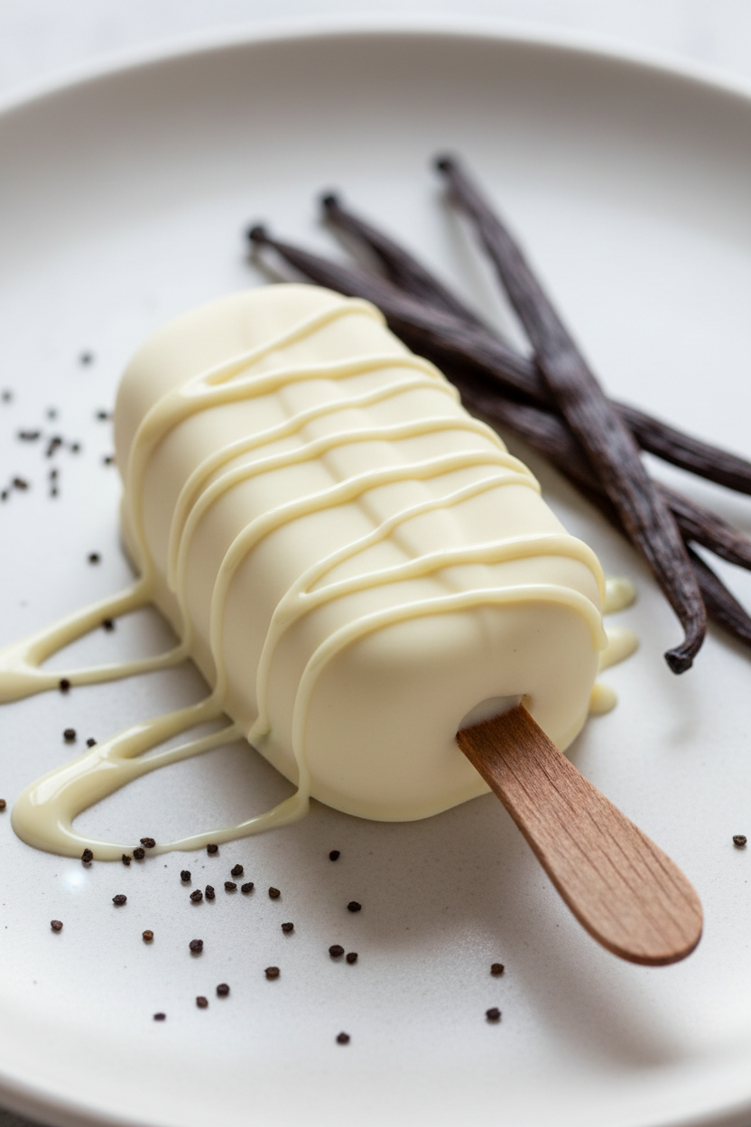 A vanilla cakesicle with a white chocolate coating and drizzle, on a wooden stick, served on a white plate with vanilla beans and chocolate sprinkles.