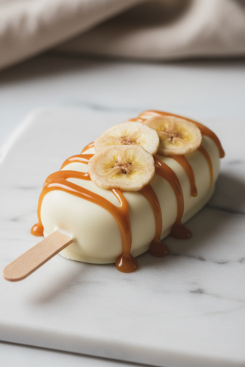 A banana toffee cakesicle treat on a wooden stick, coated in white chocolate with caramel drizzle and topped with sliced bananas, set on a white marble surface.