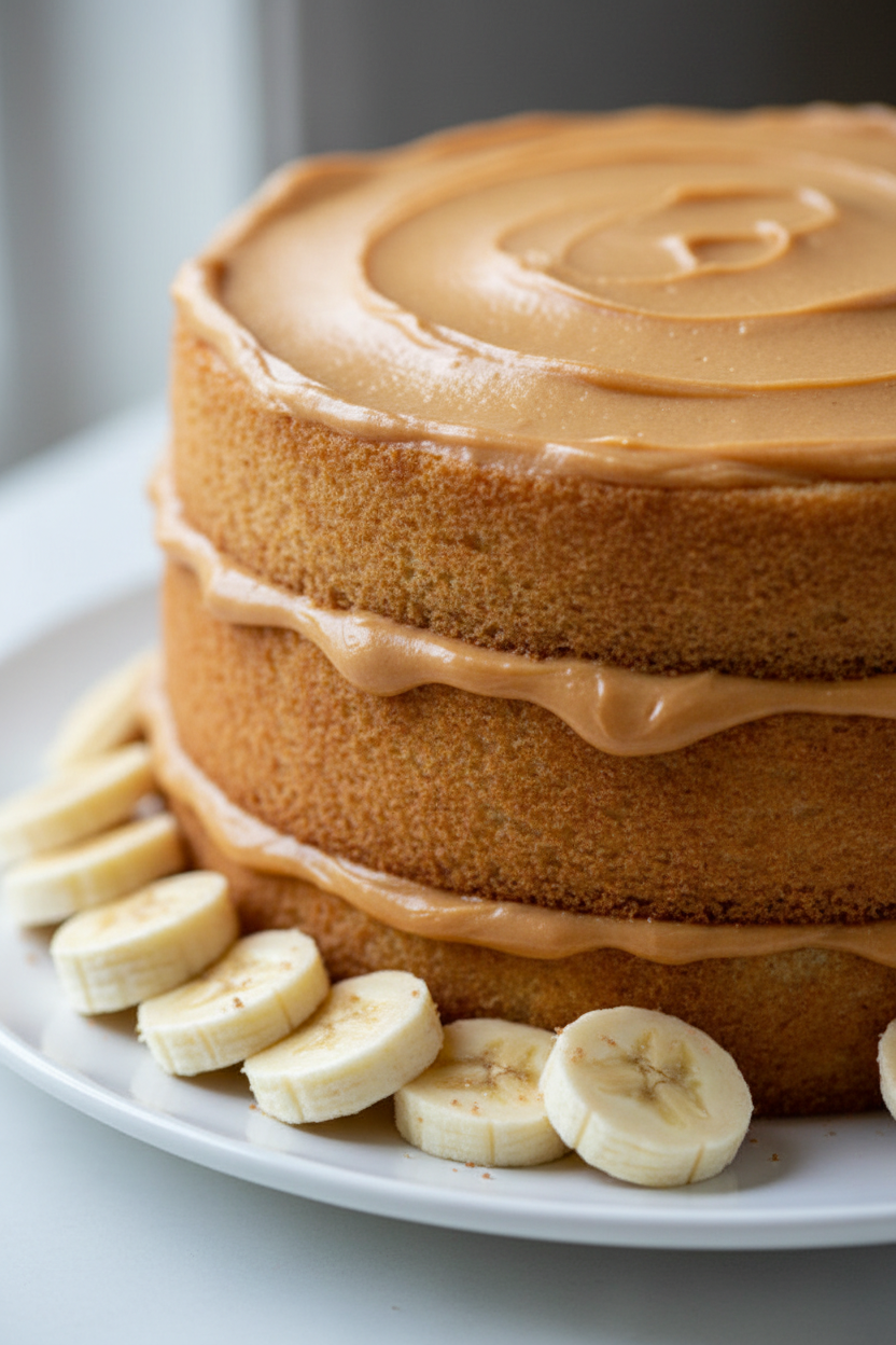 A two-layer sponge cake with caramel-colored frosting and banana slices arranged around the base on a white plate.