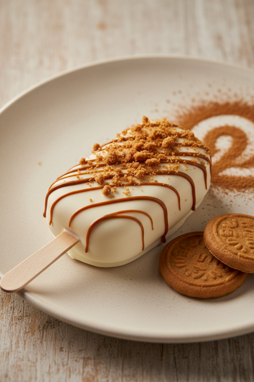 A chocolate-covered cakesicle on a wooden stick, topped with crumbled cookie pieces and drizzles of chocolate sauce, served on a beige plate with two cookies beside it on a light wood surface.
