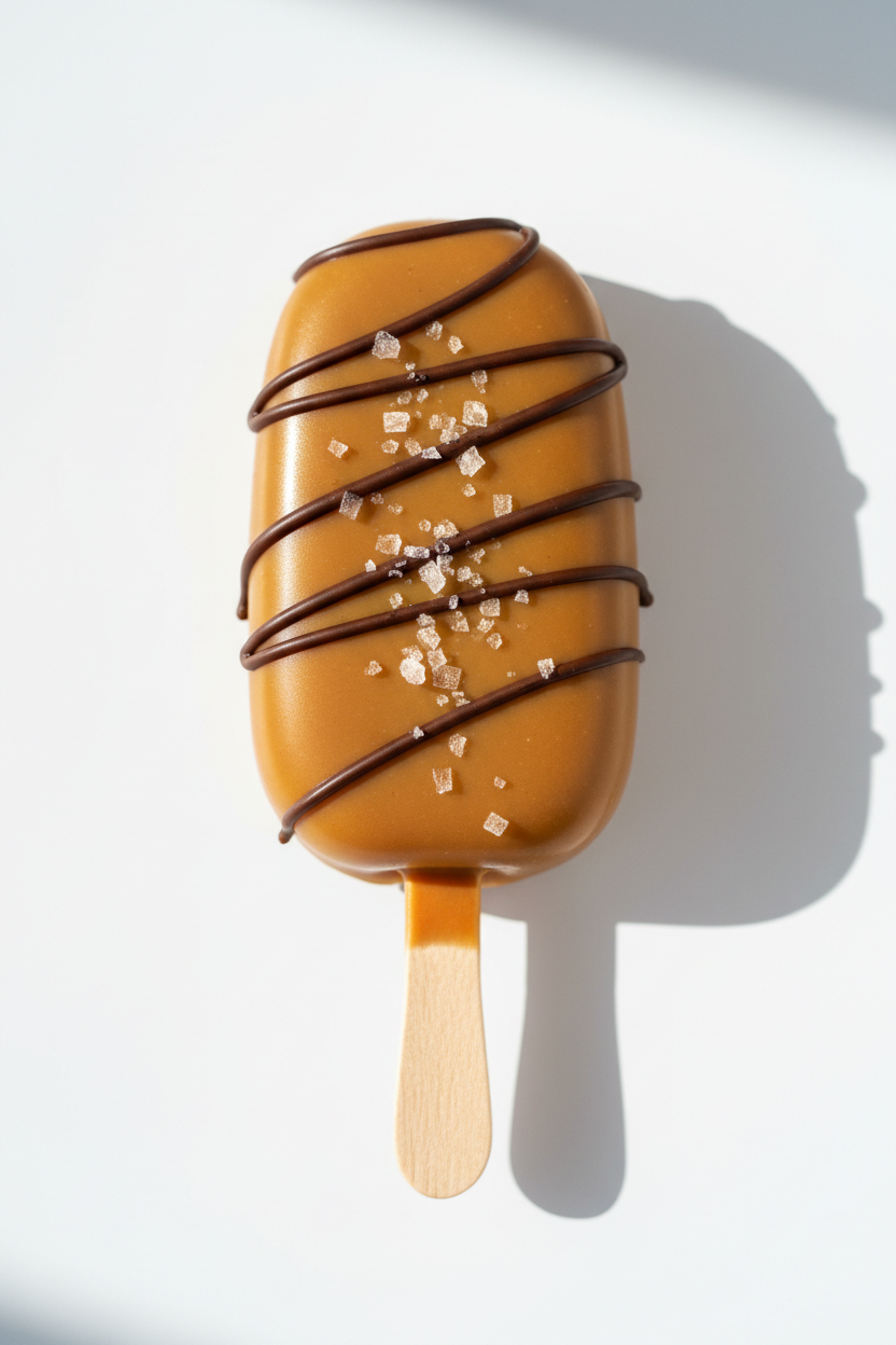 A caramel-topped cakesicle with chocolate drizzle and coarse salt crystals on a wooden stick, photographed on a clean white surface with a strong shadow.