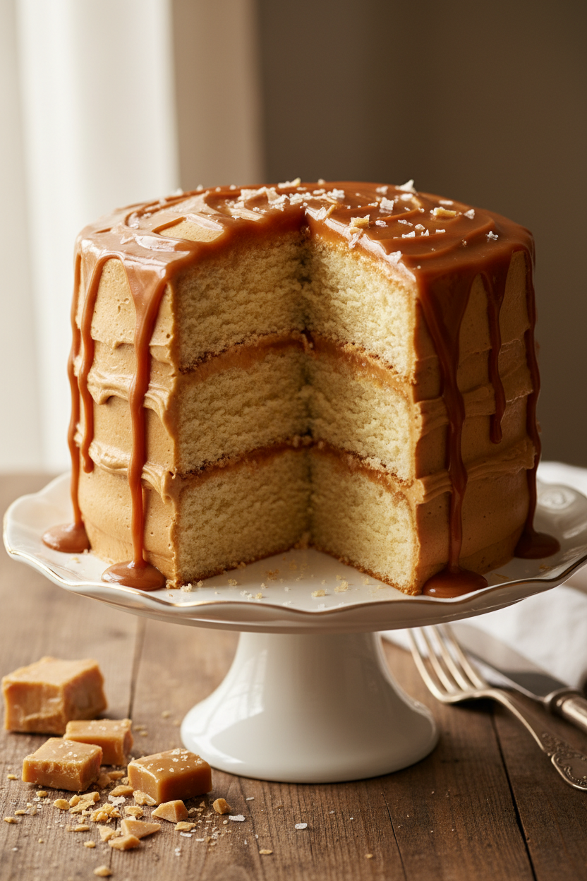 A three-tiered caramel cake with golden-brown frosting and drizzle, shown with a slice cut out on a white cake stand on a wooden table.