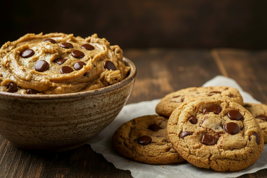 A rustic ceramic bowl filled with thick chocolate chip cookie dough sits on a dark wooden table next to several baked chocolate chip cookies on parchment paper.