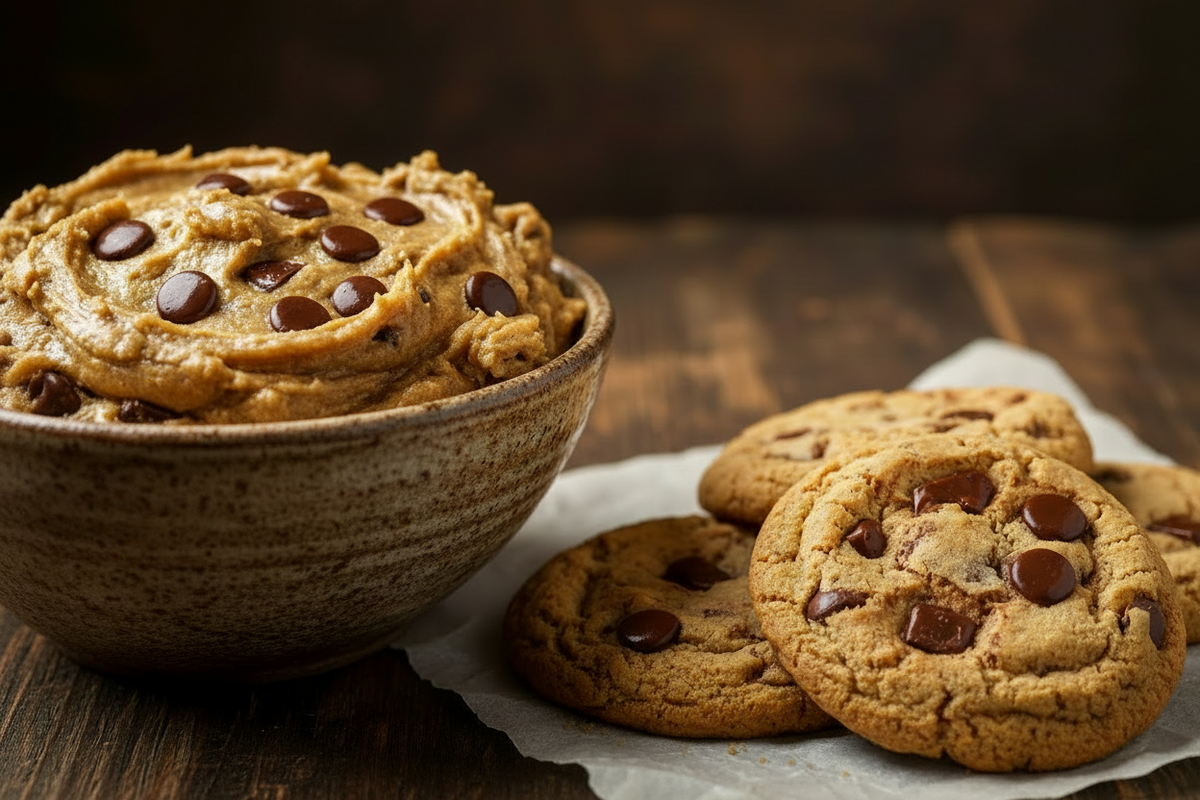 A rustic ceramic bowl filled with thick chocolate chip cookie dough sits on a dark wooden table next to several baked chocolate chip cookies on parchment paper.