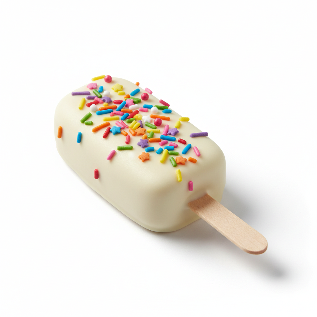 A white chocolate cakesicle with colorful sprinkles on top and a wooden stick, photographed on a clean white background.