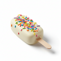 A white chocolate cakesicle with colorful sprinkles on top and a wooden stick, photographed on a clean white background.
