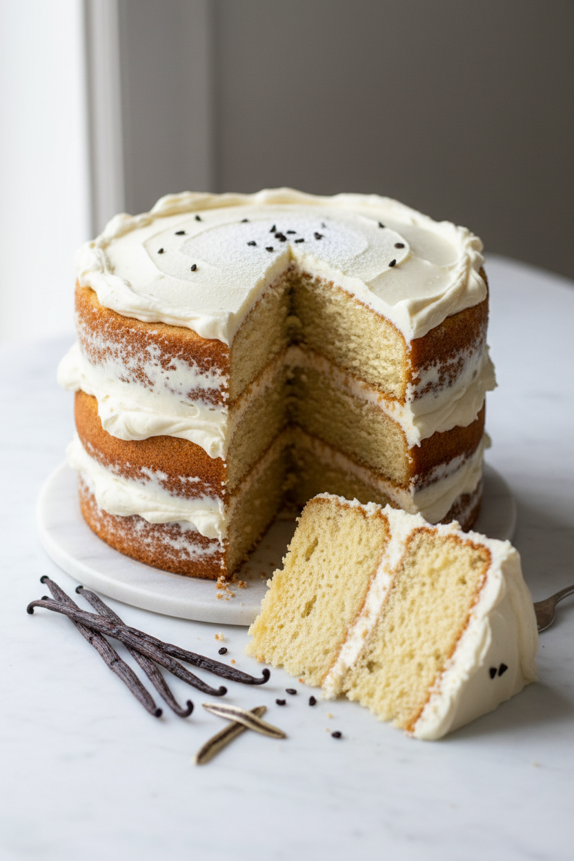A three-layer vanilla cake with thick white frosting, shown on a white plate with a slice cut out and placed in front. Vanilla beans and a few dark chocolate chips are scattered on the marble surface.