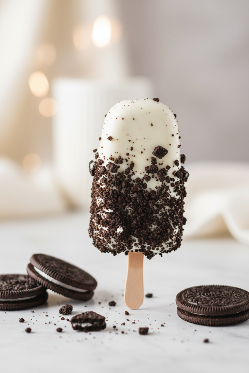 An Oreo-themed cakesicle with a white top and dark chocolate cookie crumble bottom, on a wooden stick with whole Oreo cookies scattered around it on a light surface.