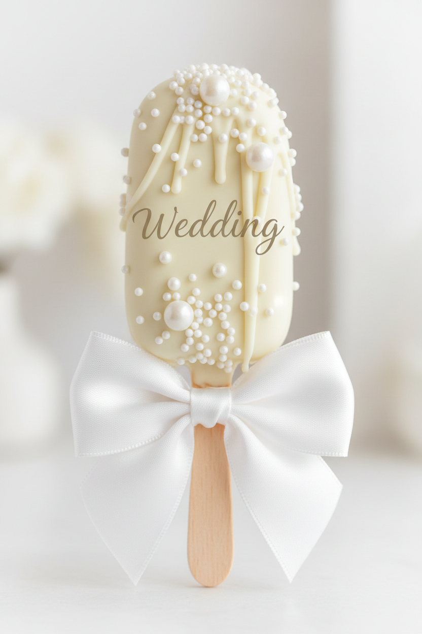 A white chocolate cakesicle decorated with white pearl sprinkles, drizzle details, and the word 'Wedding' in script, tied with a large white satin bow on a wooden stick.